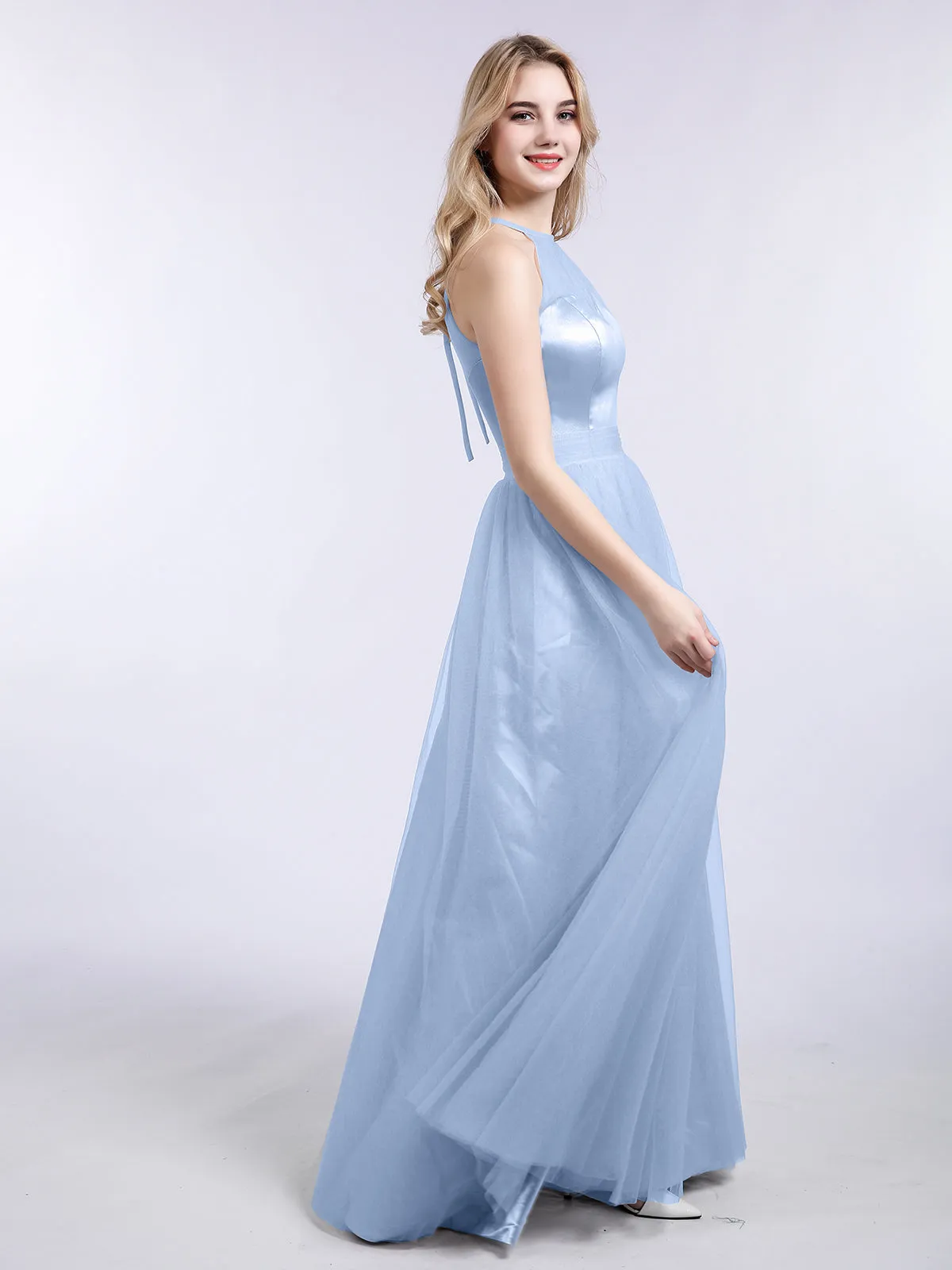 Illusion Neckline Long Tulle Dress-Sky Blue