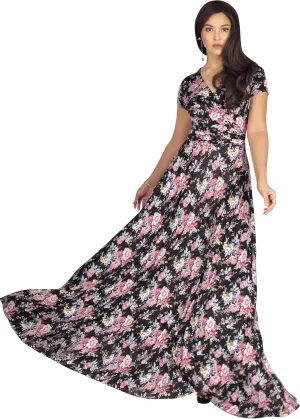 KOH KOH Womens Long Maxi Summer Floral Print Short Sleeve Flowy Modest Maxi Dress Gown