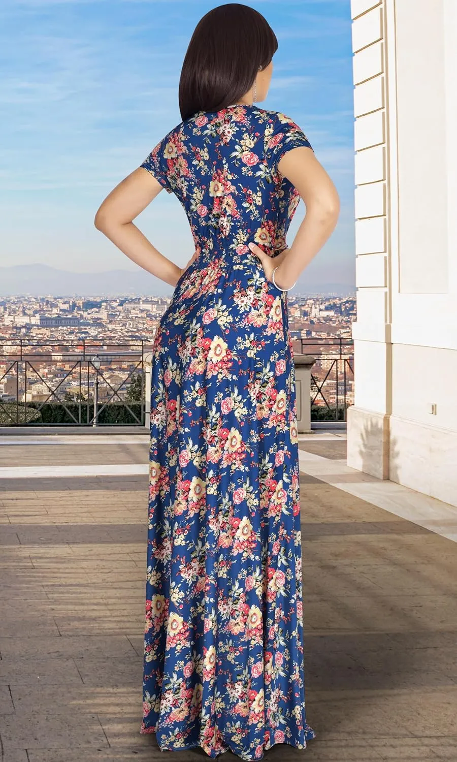 KOH KOH Womens Long Maxi Summer Floral Print Short Sleeve Flowy Modest Maxi Dress Gown