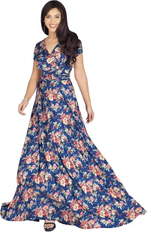 KOH KOH Womens Long Maxi Summer Floral Print Short Sleeve Flowy Modest Maxi Dress Gown