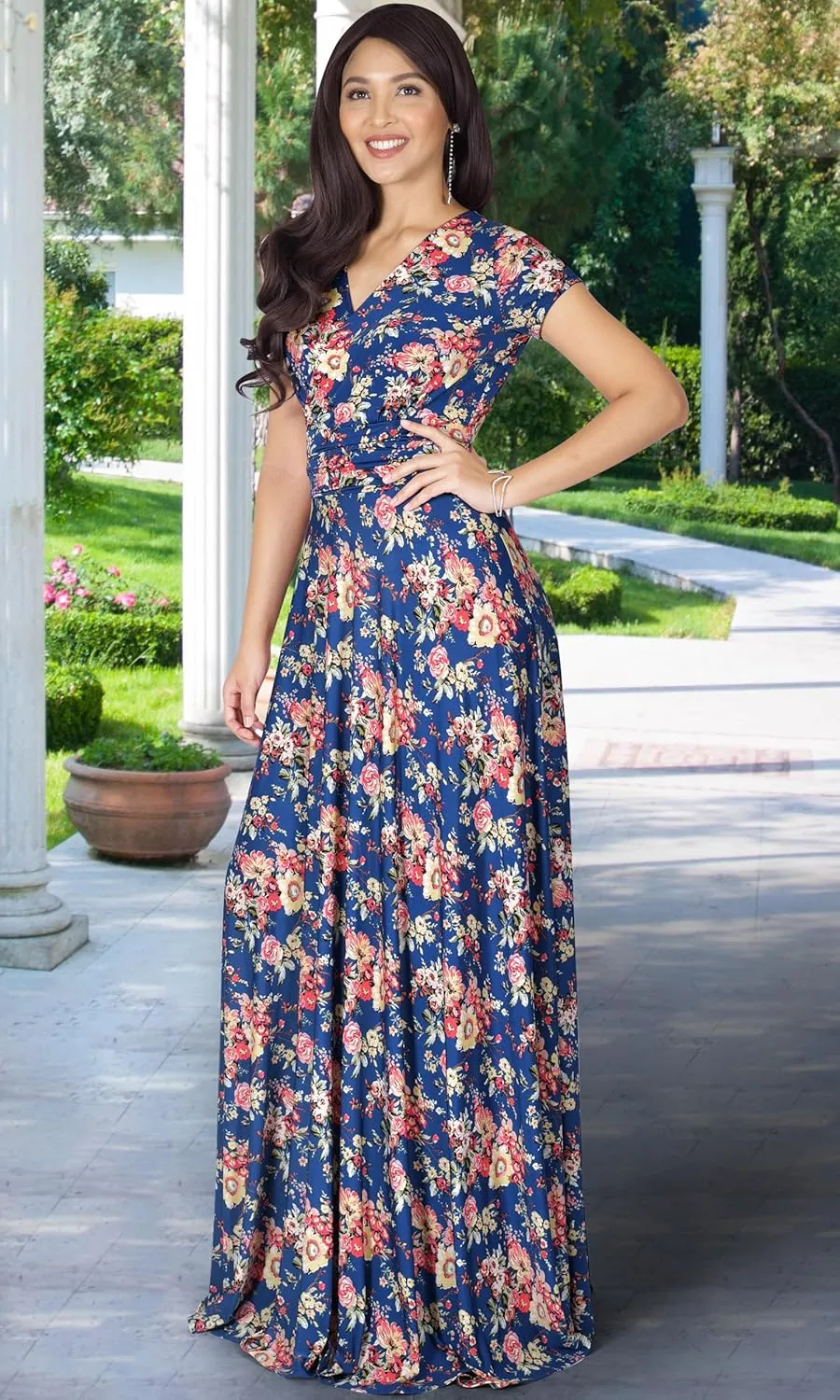 KOH KOH Womens Long Maxi Summer Floral Print Short Sleeve Flowy Modest Maxi Dress Gown