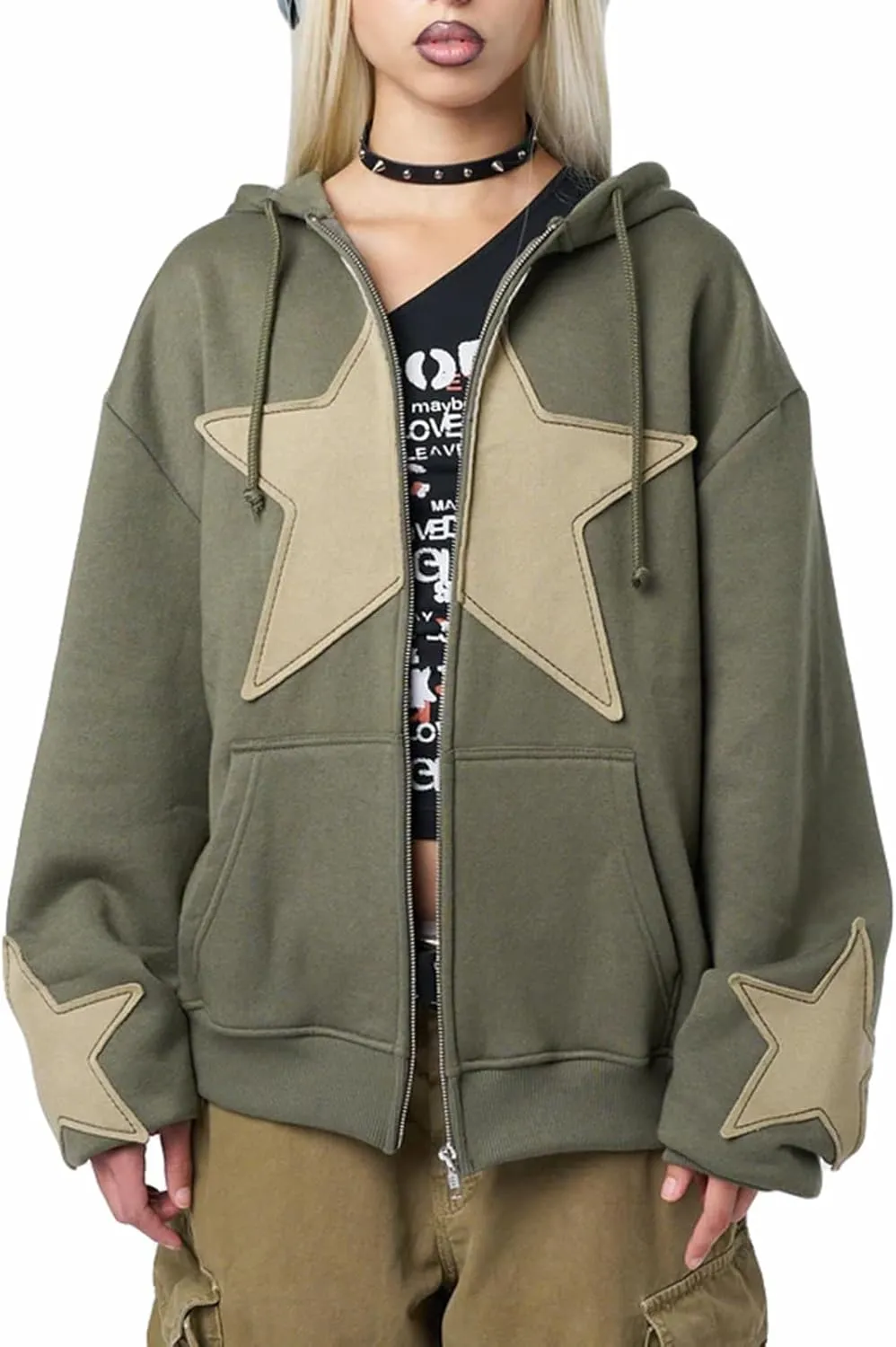 KOSUSANILL Women Y2K Zip Up Hoodies Grunge Graphic Oversized Jacket Goth Aesthetic Vintage Hooded Sweatshirt Streetwear