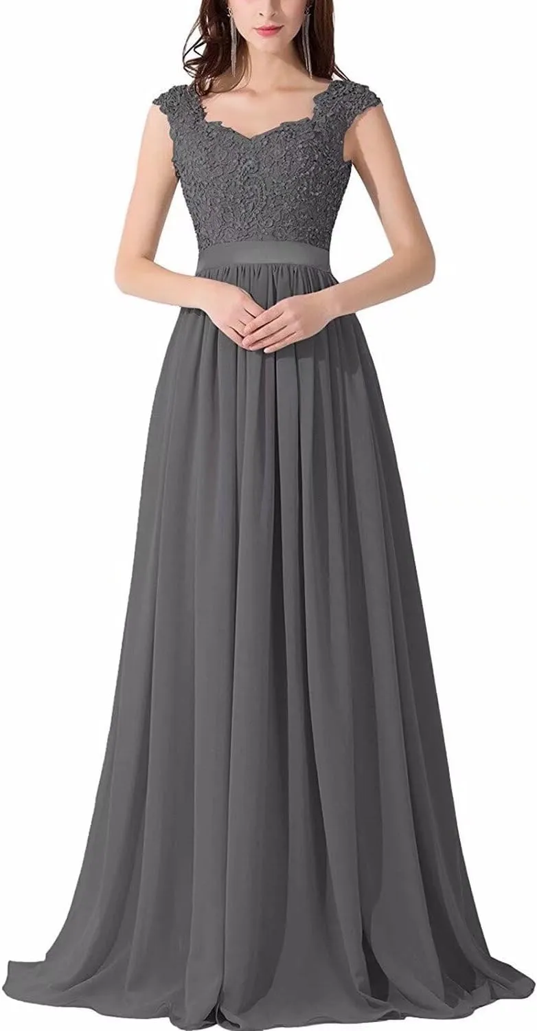Lace Appliques Bridesmaid Dresses for Women Long Chiffon V Neck Prom Dress A-line Formal Evening Party Gowns