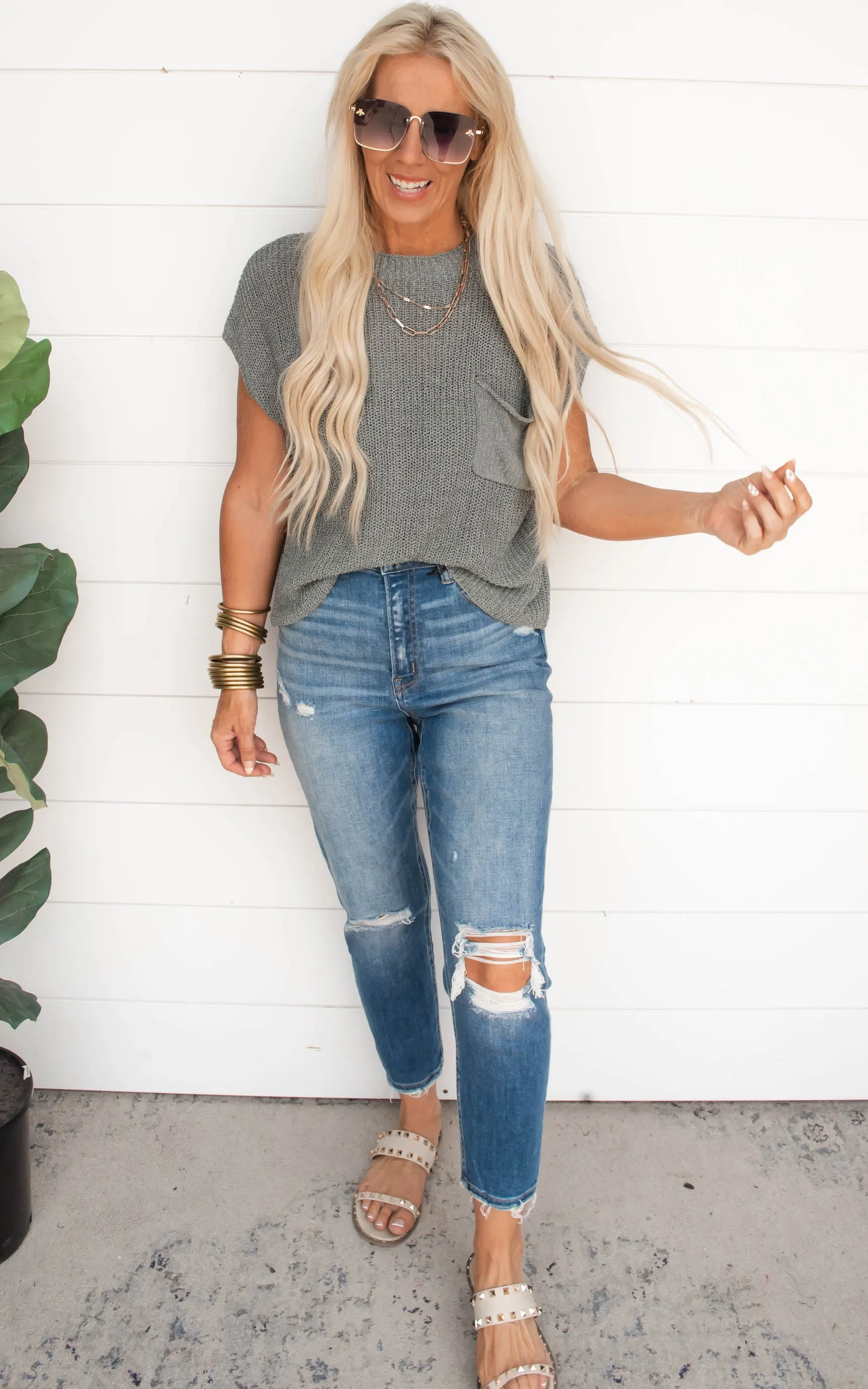 Lightweight Short Sleeve Summer Sweater - Greenish Grey | FINAL SALE