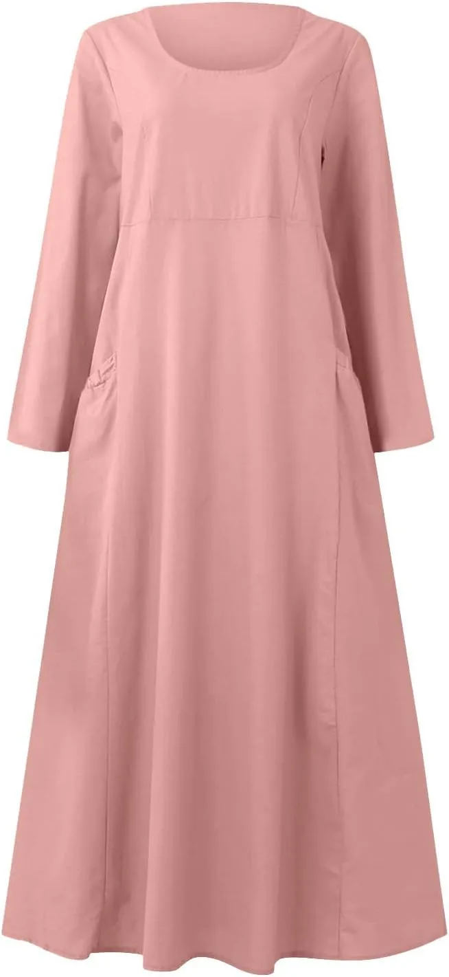 Linen Dress for Women, Fall Long Sleeve Solid Casual Baggy Flowy Maxi Dresses Plus Size Crew Neck Dress with Pockets