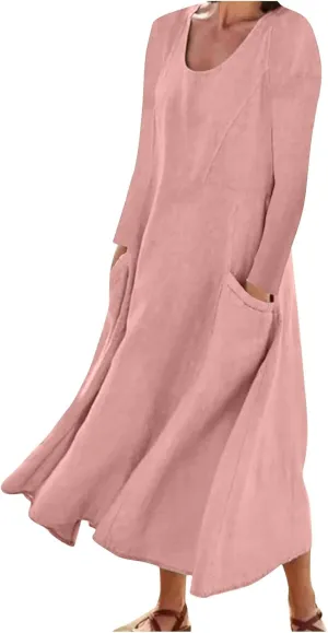 Linen Dress for Women, Fall Long Sleeve Solid Casual Baggy Flowy Maxi Dresses Plus Size Crew Neck Dress with Pockets