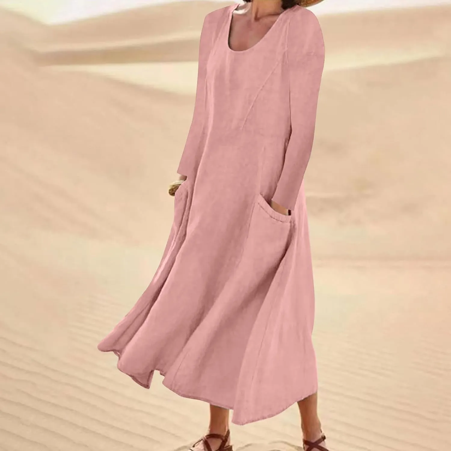 Linen Dress for Women, Fall Long Sleeve Solid Casual Baggy Flowy Maxi Dresses Plus Size Crew Neck Dress with Pockets