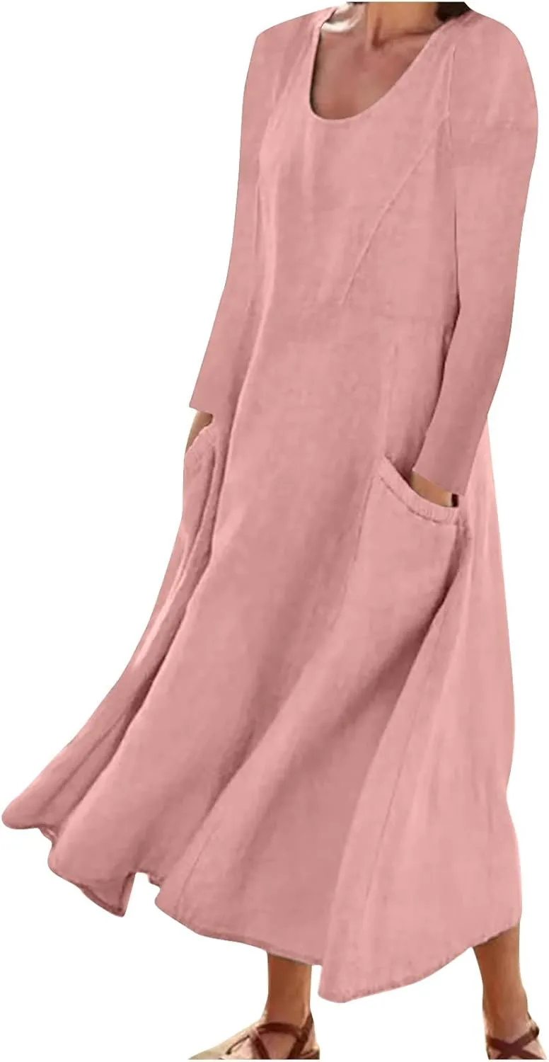 Linen Dress for Women, Fall Long Sleeve Solid Casual Baggy Flowy Maxi Dresses Plus Size Crew Neck Dress with Pockets