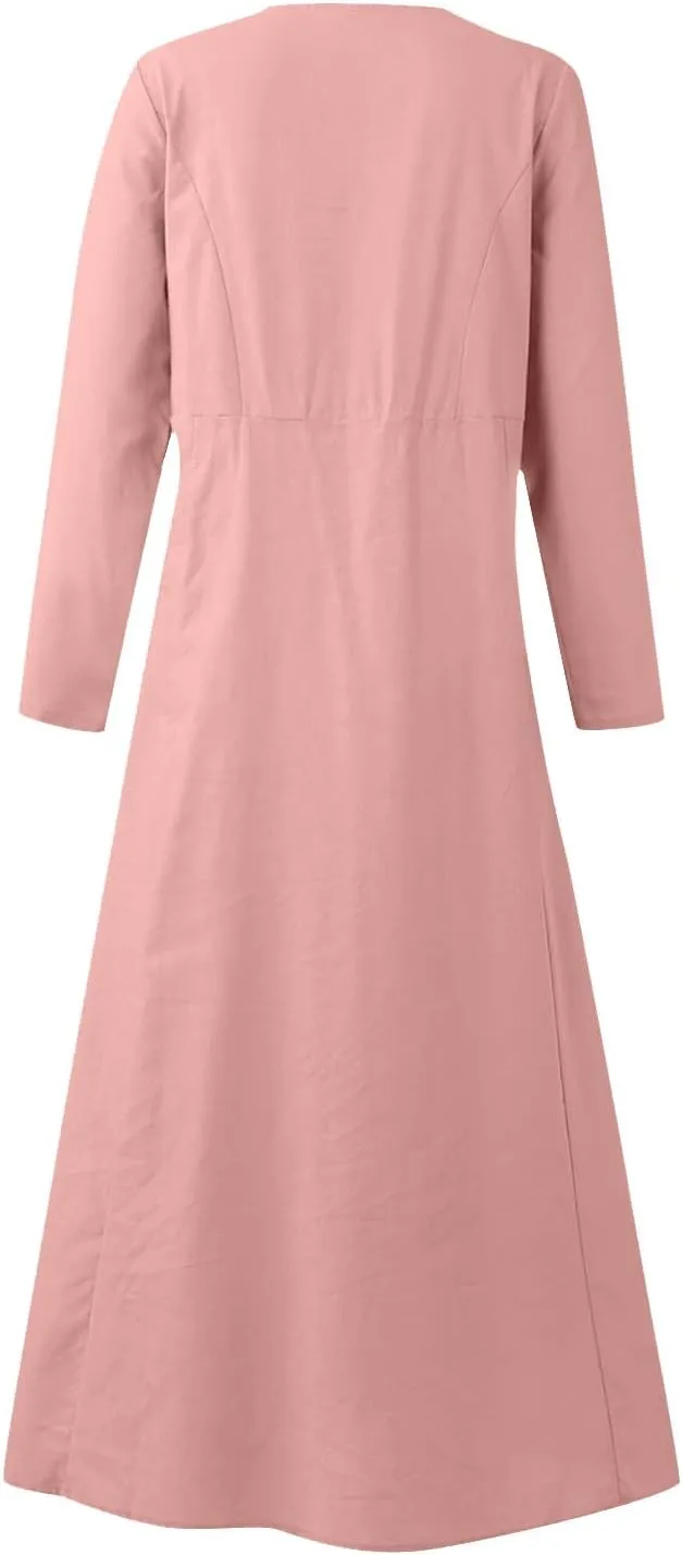 Linen Dress for Women, Fall Long Sleeve Solid Casual Baggy Flowy Maxi Dresses Plus Size Crew Neck Dress with Pockets