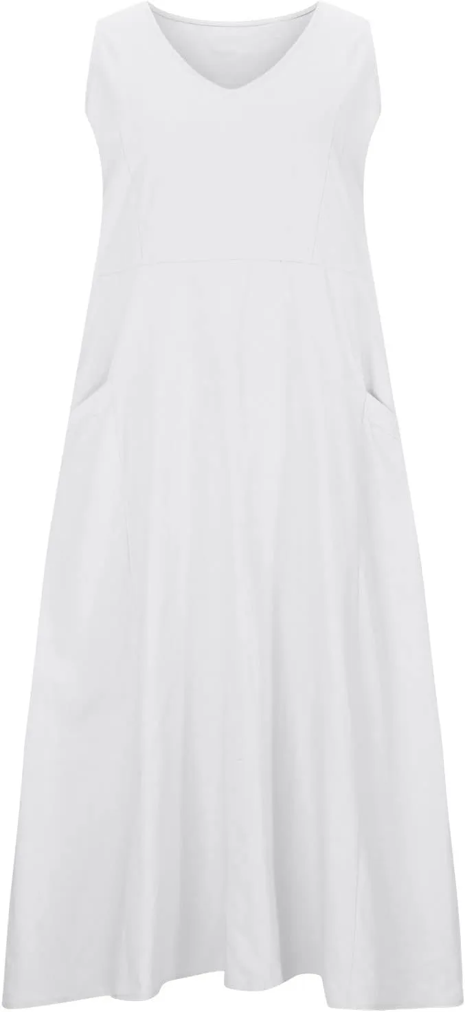 Linen Dresses Women Casual 2025 Solid Color Sleeveless Maxi Dress with Pockets V-Neck Trendy Loose Beach Sun Dress