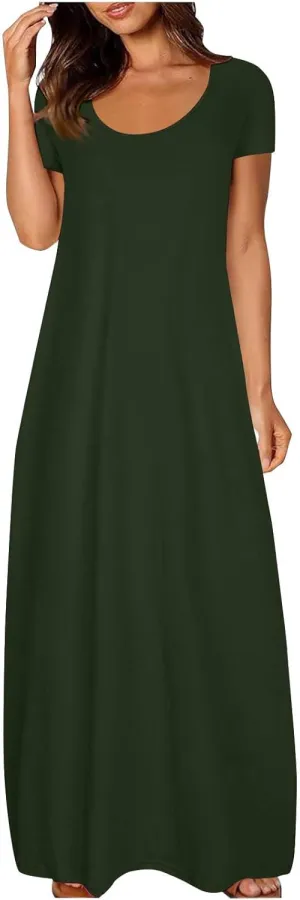 Long Summer Dresses for Women 2025 Casual Short Sleeve Crewneck Maxi Dress Solid Color Beach Vacation T Shirt Dresses