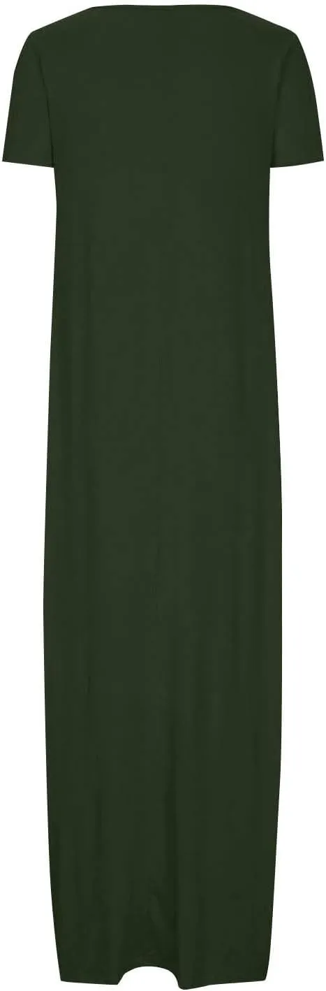 Long Summer Dresses for Women 2025 Casual Short Sleeve Crewneck Maxi Dress Solid Color Beach Vacation T Shirt Dresses