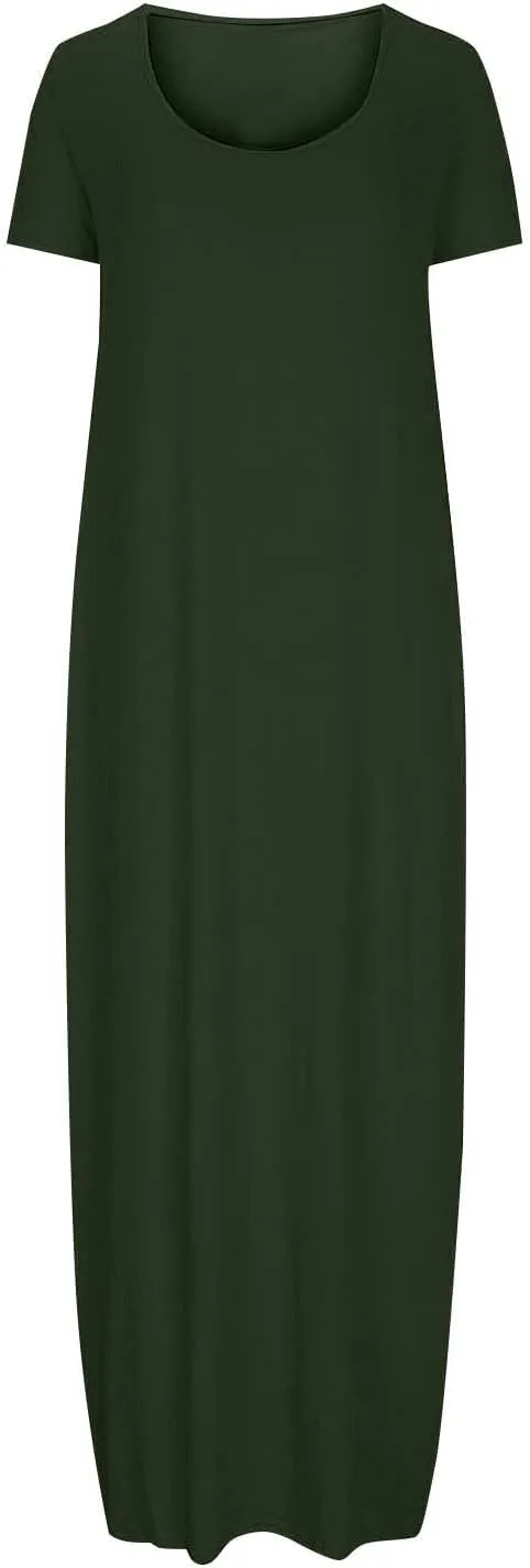 Long Summer Dresses for Women 2025 Casual Short Sleeve Crewneck Maxi Dress Solid Color Beach Vacation T Shirt Dresses