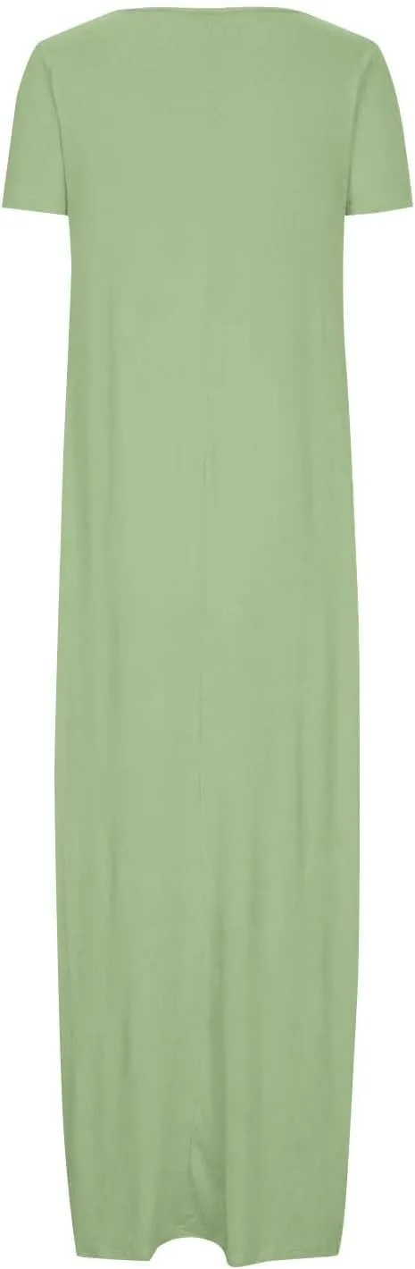 Long Summer Dresses for Women 2025 Casual Short Sleeve Crewneck Maxi Dress Solid Color Beach Vacation T Shirt Dresses