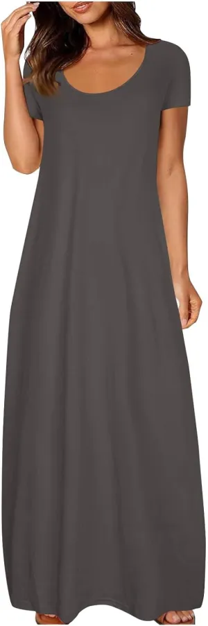 Long Summer Dresses for Women 2025 Casual Short Sleeve Crewneck Maxi Dress Solid Color Beach Vacation T Shirt Dresses