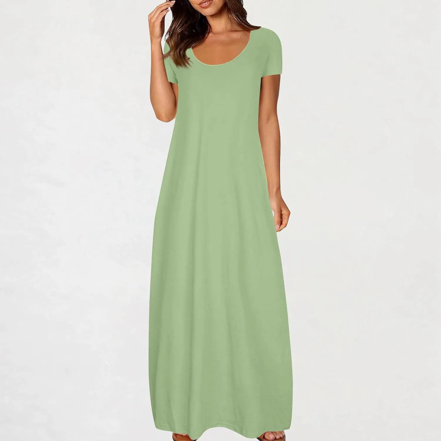 Long Summer Dresses for Women 2025 Casual Short Sleeve Crewneck Maxi Dress Solid Color Beach Vacation T Shirt Dresses
