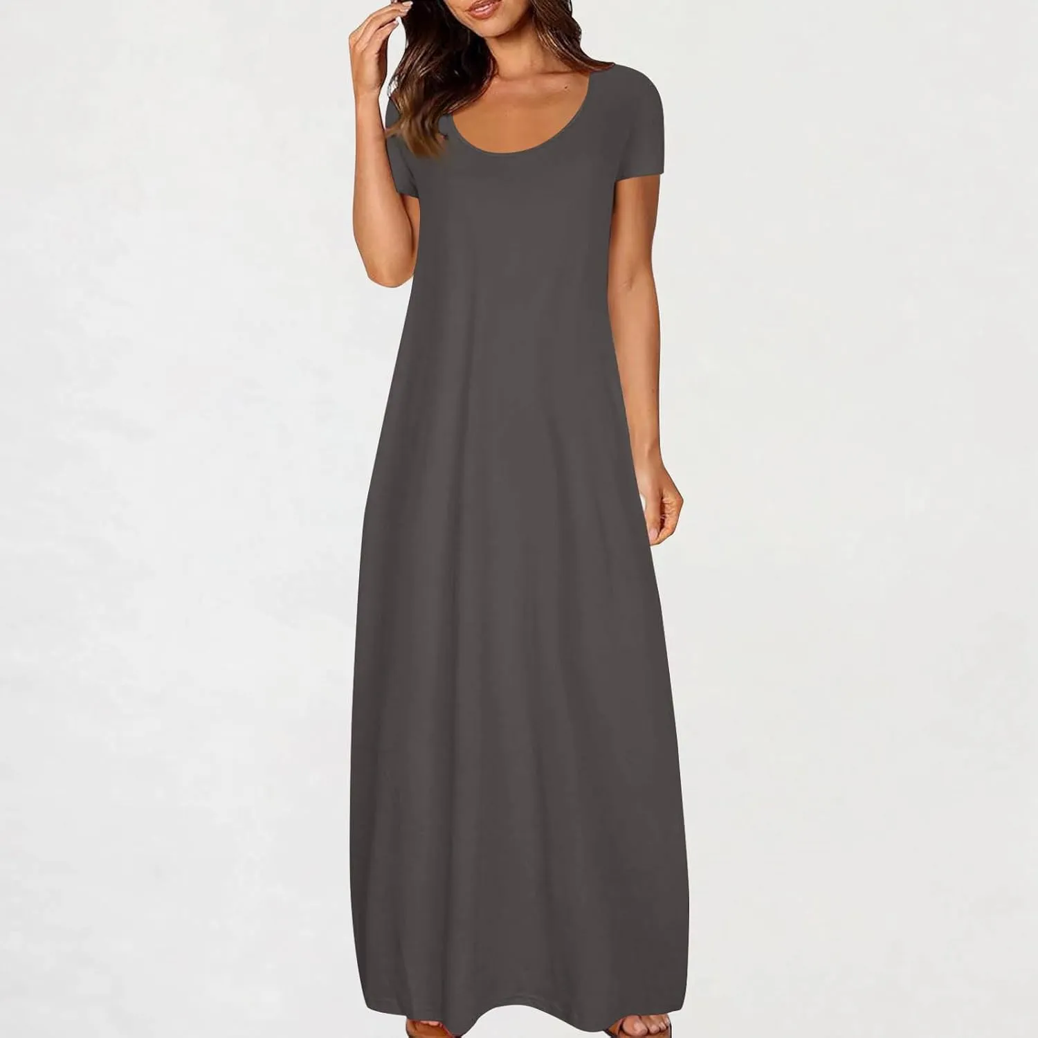 Long Summer Dresses for Women 2025 Casual Short Sleeve Crewneck Maxi Dress Solid Color Beach Vacation T Shirt Dresses