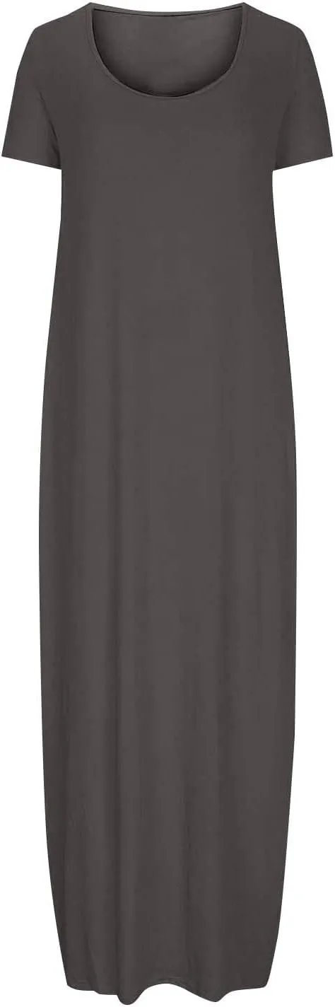 Long Summer Dresses for Women 2025 Casual Short Sleeve Crewneck Maxi Dress Solid Color Beach Vacation T Shirt Dresses
