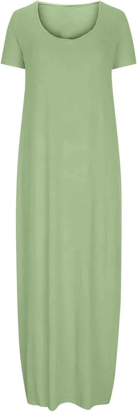 Long Summer Dresses for Women 2025 Casual Short Sleeve Crewneck Maxi Dress Solid Color Beach Vacation T Shirt Dresses