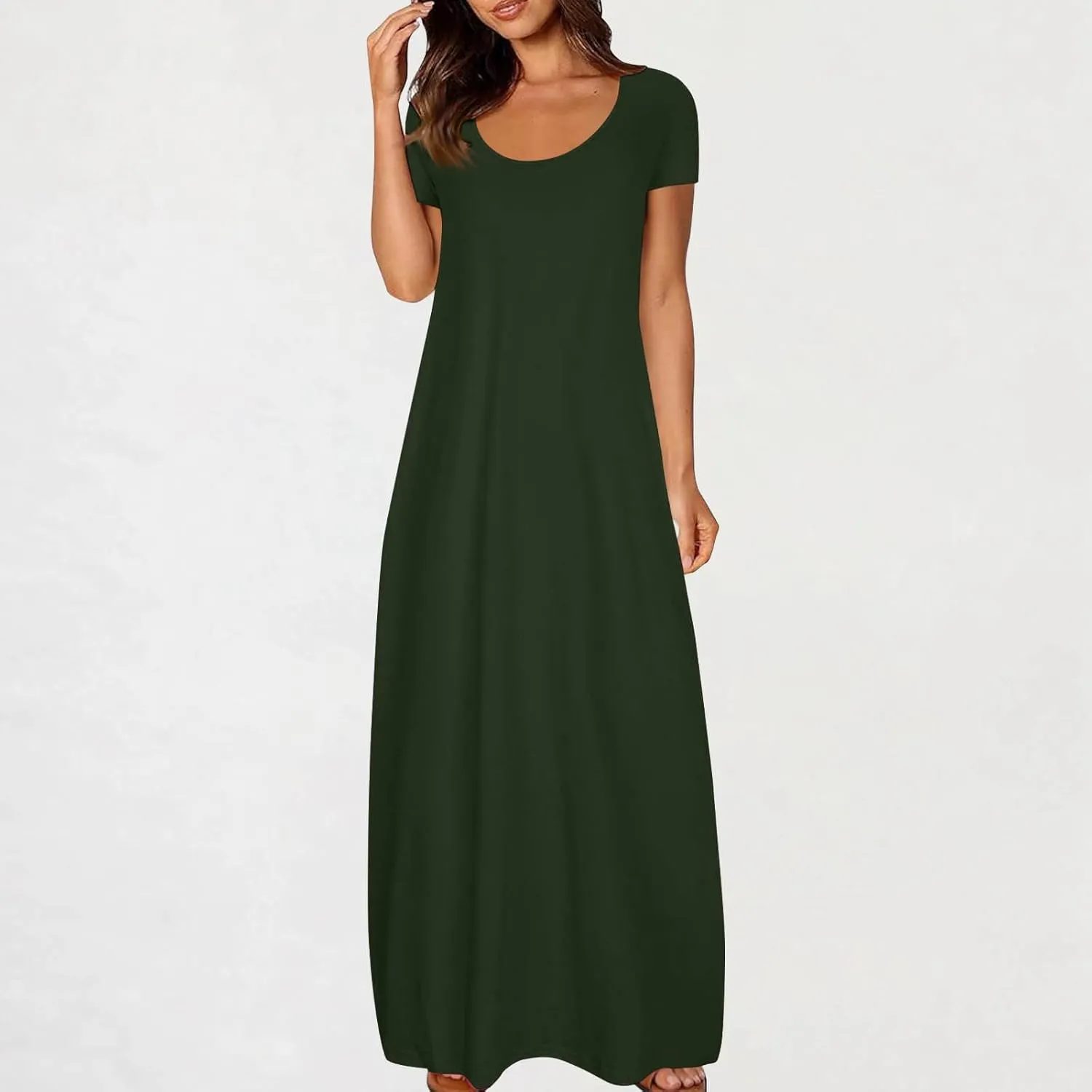Long Summer Dresses for Women 2025 Casual Short Sleeve Crewneck Maxi Dress Solid Color Beach Vacation T Shirt Dresses