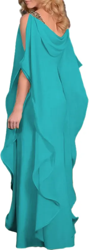 Lyhias Elegant Jewel Neck Floor Length Wedding Party Dress Chiffon Half Sleeve Evening Gowns with Beading Cascading LS012
