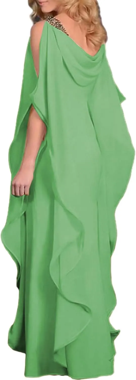 Lyhias Elegant Jewel Neck Floor Length Wedding Party Dress Chiffon Half Sleeve Evening Gowns with Beading Cascading LS012