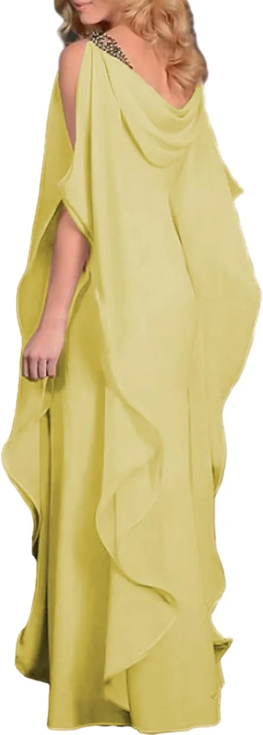 Lyhias Elegant Jewel Neck Floor Length Wedding Party Dress Chiffon Half Sleeve Evening Gowns with Beading Cascading LS012