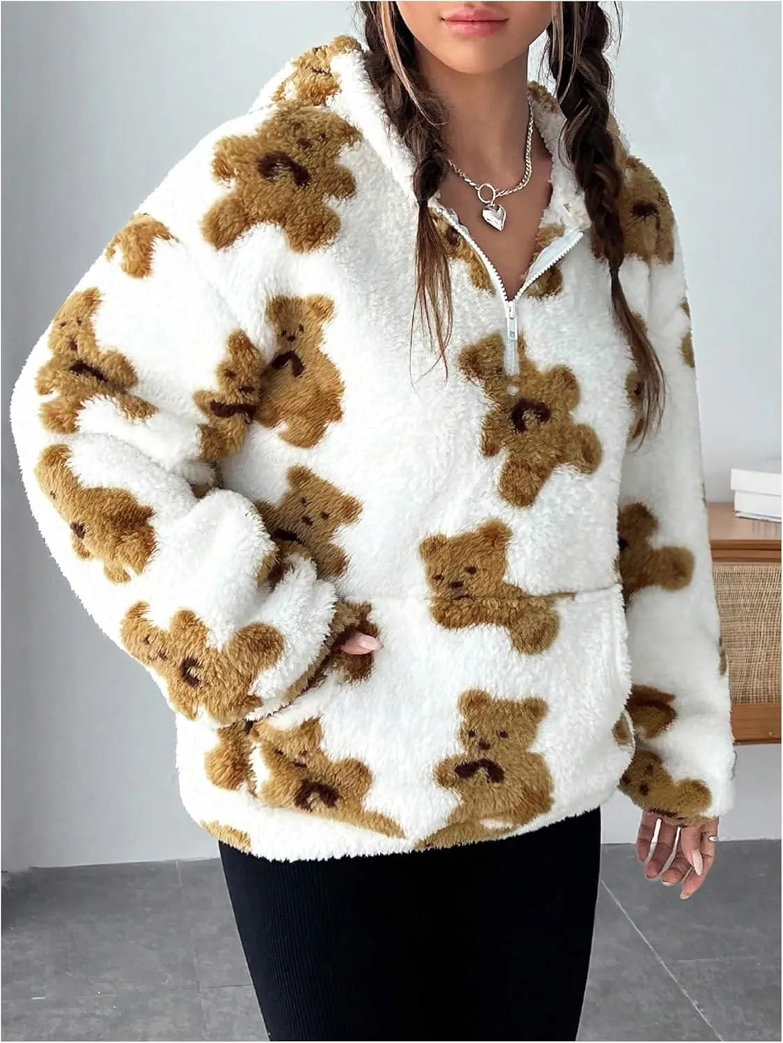 MakeMeChic Women's Fuzzy Cute Graphic Print Zip Long Sleeve Oversized Sweatshirts Hoodies Top