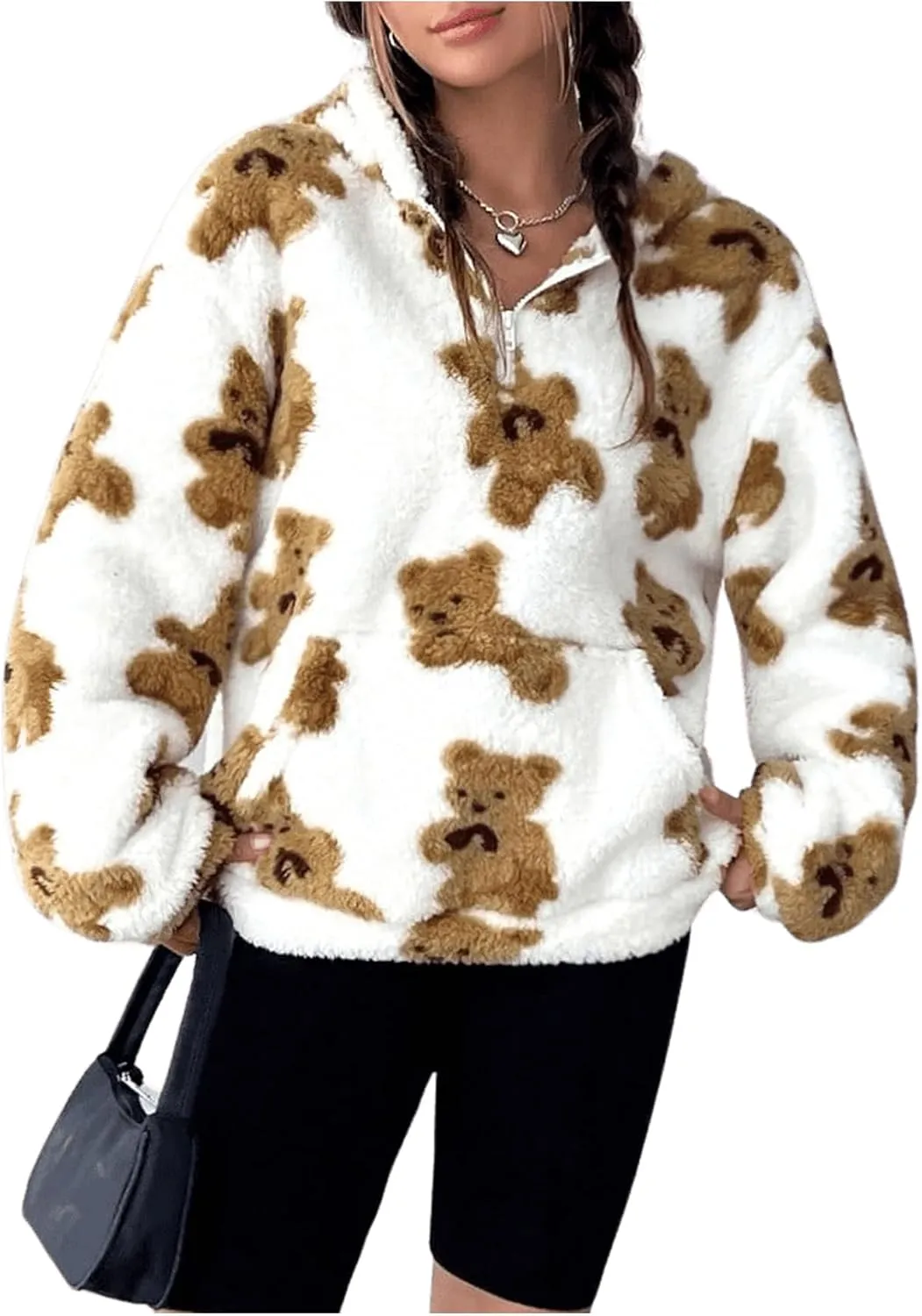 MakeMeChic Women's Fuzzy Cute Graphic Print Zip Long Sleeve Oversized Sweatshirts Hoodies Top