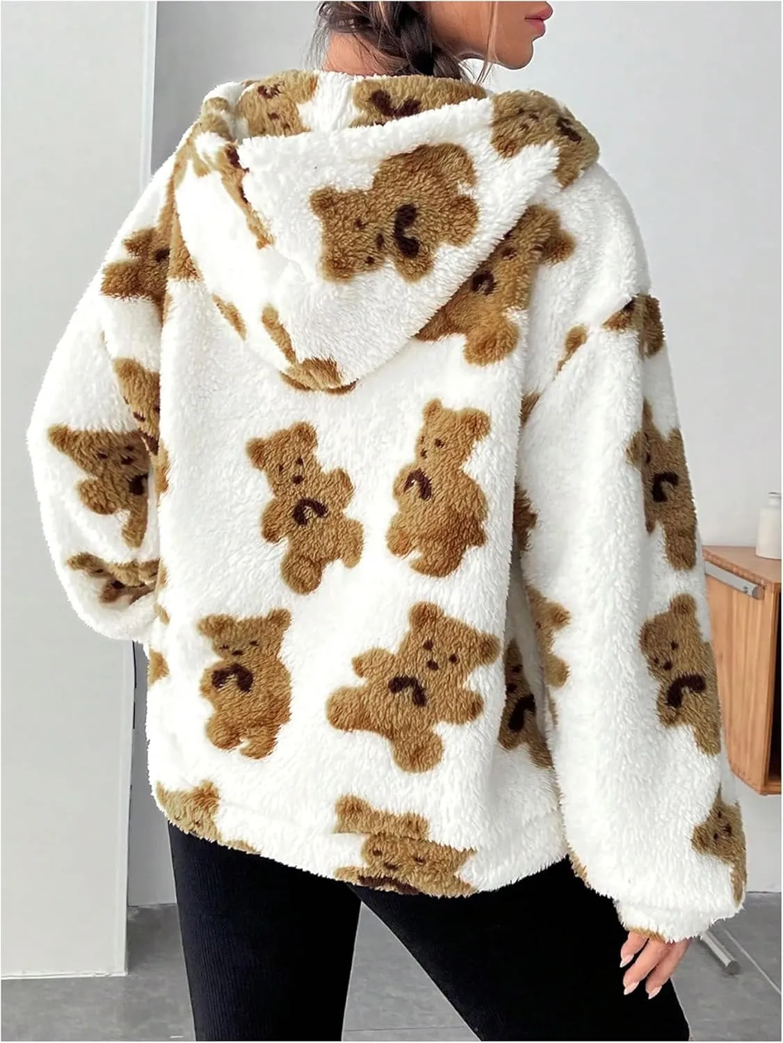 MakeMeChic Women's Fuzzy Cute Graphic Print Zip Long Sleeve Oversized Sweatshirts Hoodies Top