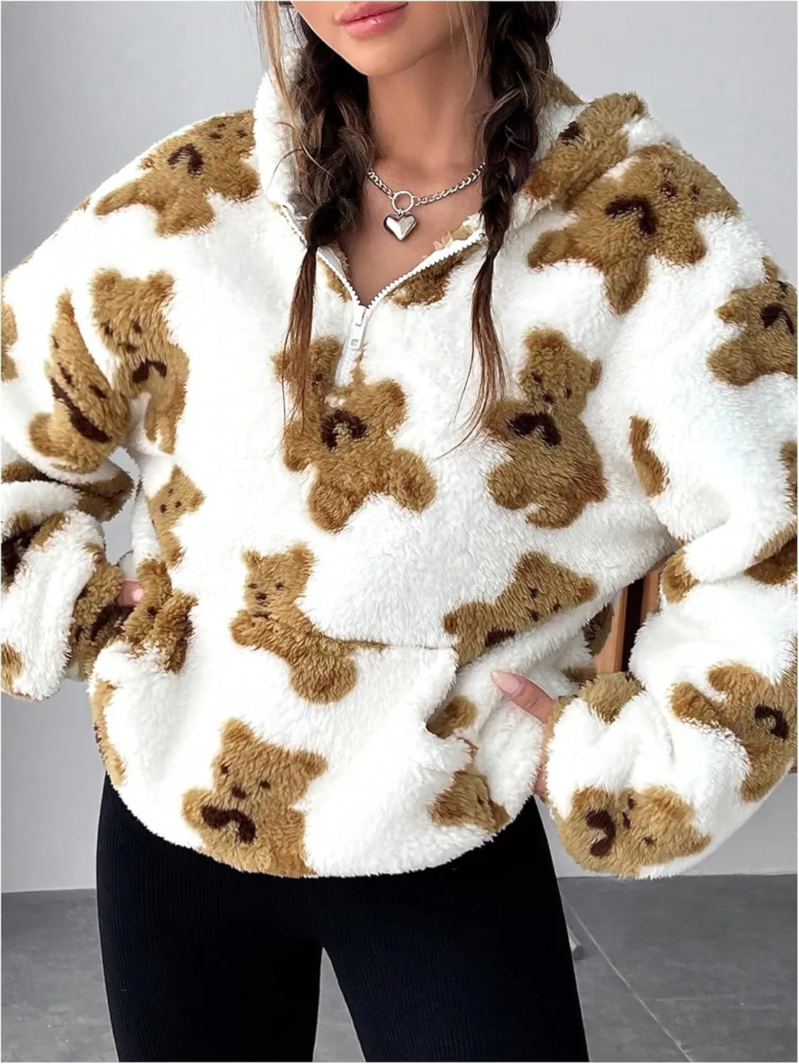 MakeMeChic Women's Fuzzy Cute Graphic Print Zip Long Sleeve Oversized Sweatshirts Hoodies Top
