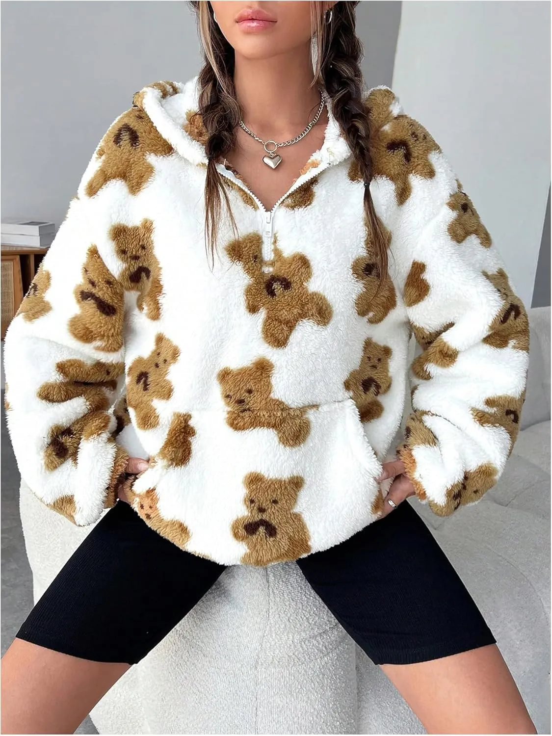 MakeMeChic Women's Fuzzy Cute Graphic Print Zip Long Sleeve Oversized Sweatshirts Hoodies Top