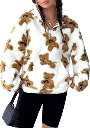 MakeMeChic Women's Fuzzy Cute Graphic Print Zip Long Sleeve Oversized Sweatshirts Hoodies Top