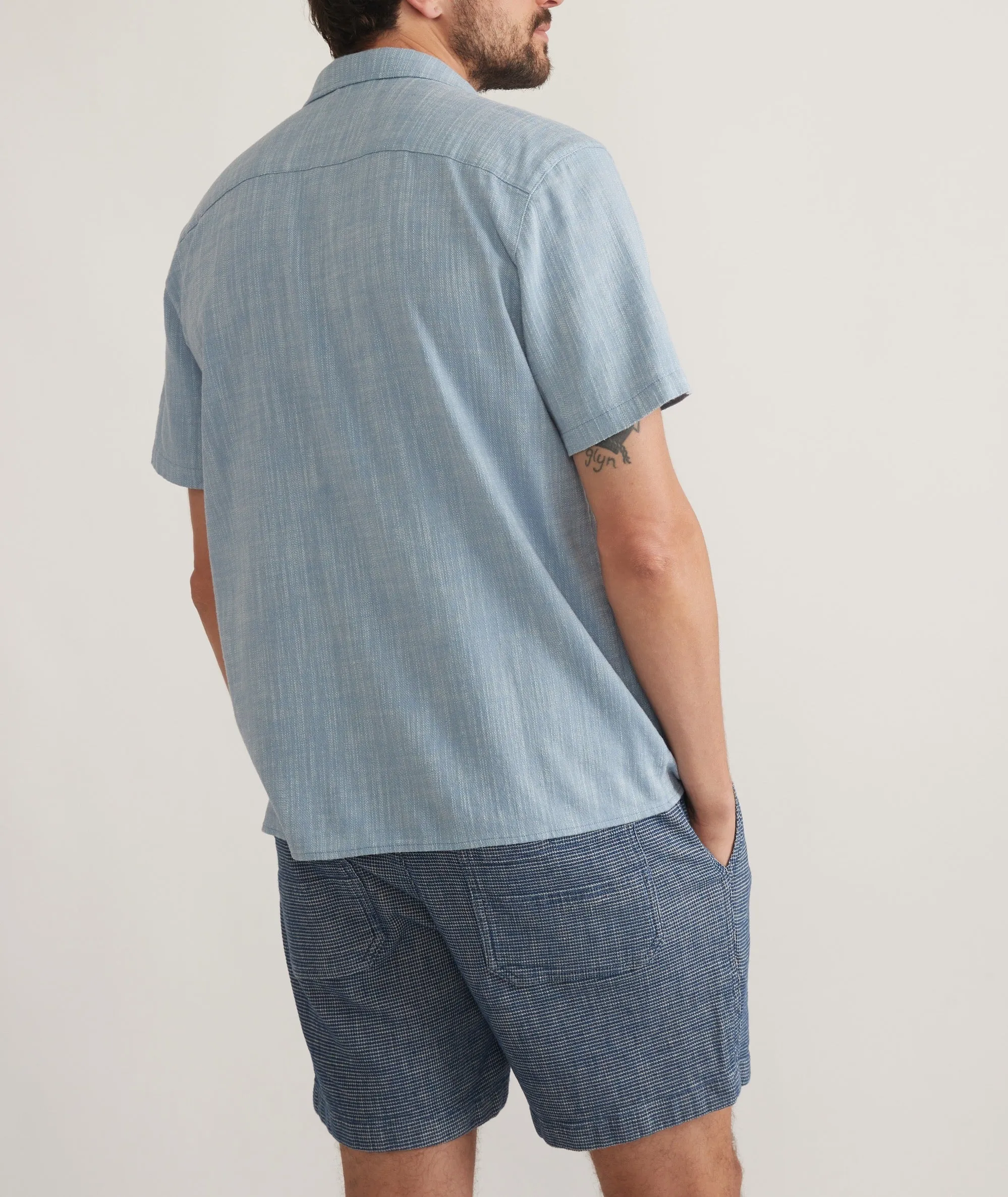 Marine Layer Stretch Selvage Embroidered Resort Shirt in Mid Blue