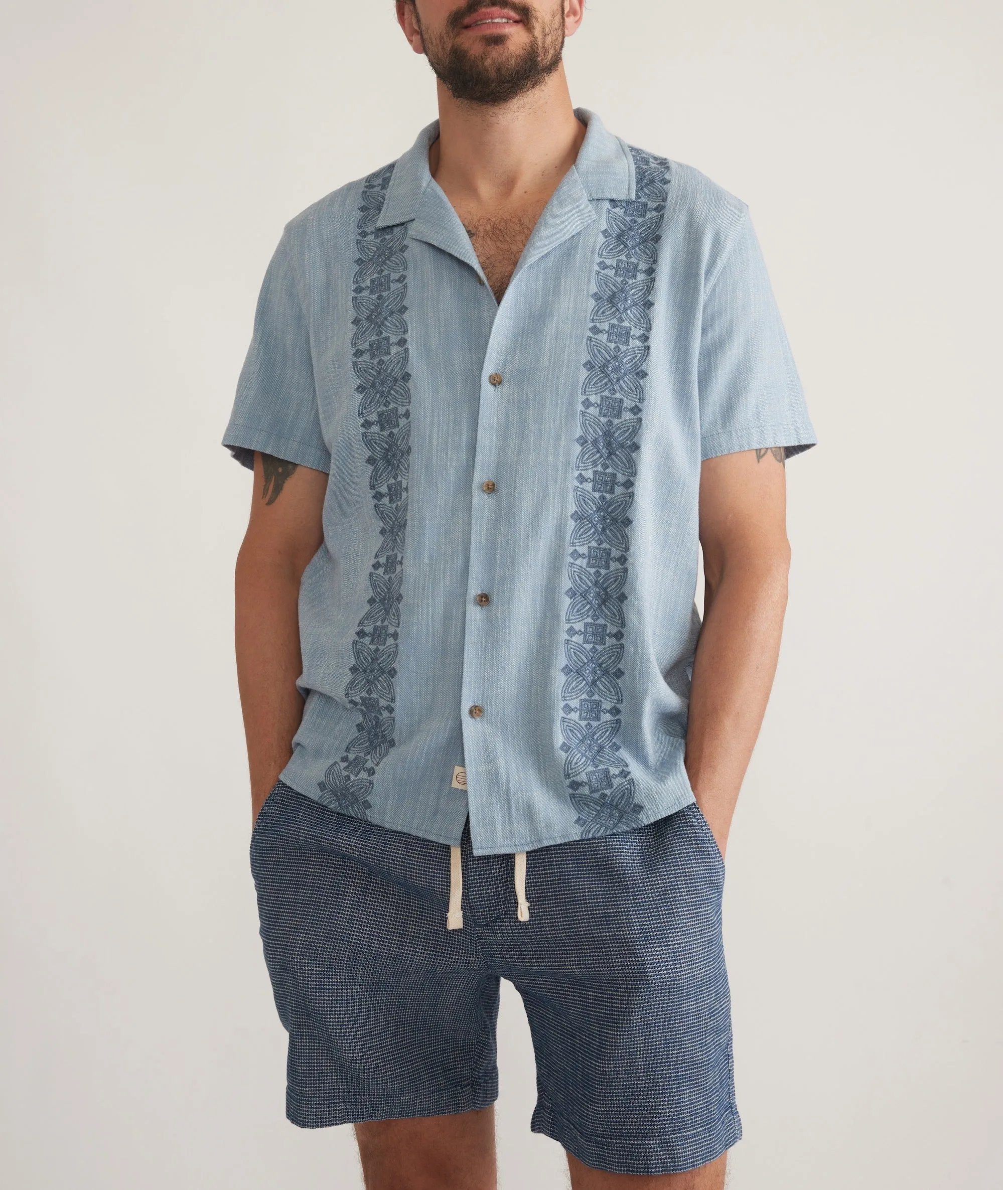 Marine Layer Stretch Selvage Embroidered Resort Shirt in Mid Blue