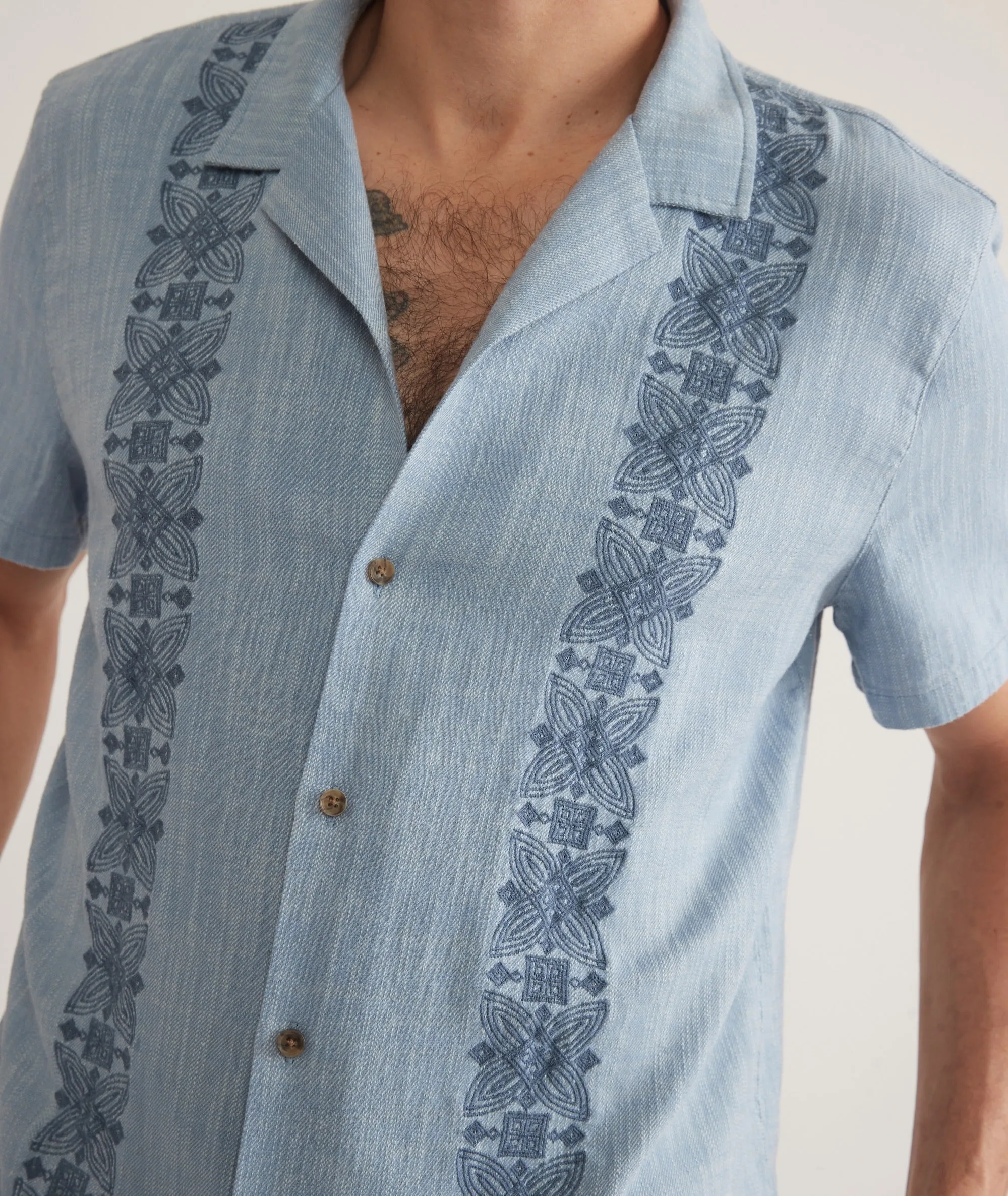 Marine Layer Stretch Selvage Embroidered Resort Shirt in Mid Blue