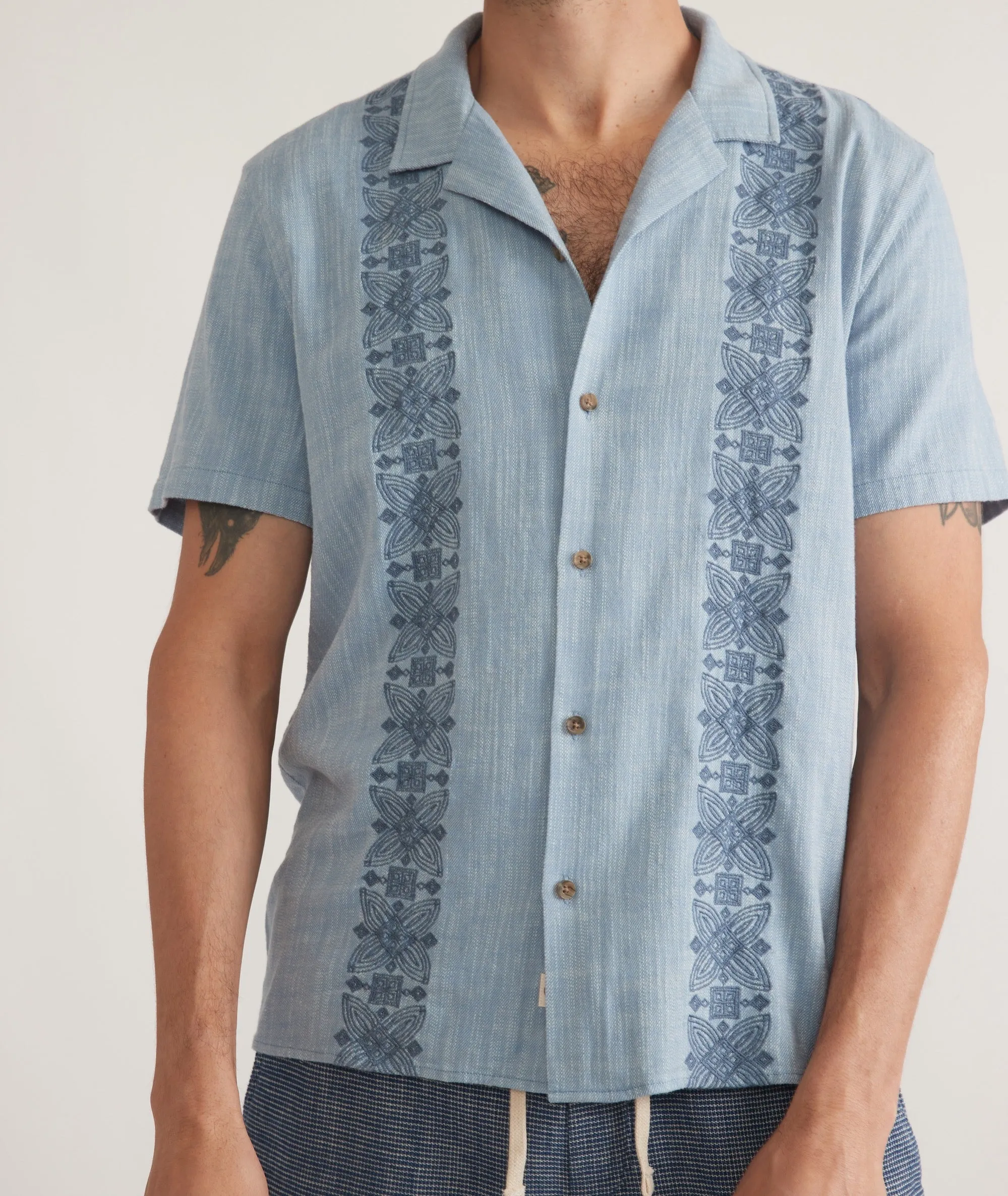 Marine Layer Stretch Selvage Embroidered Resort Shirt in Mid Blue