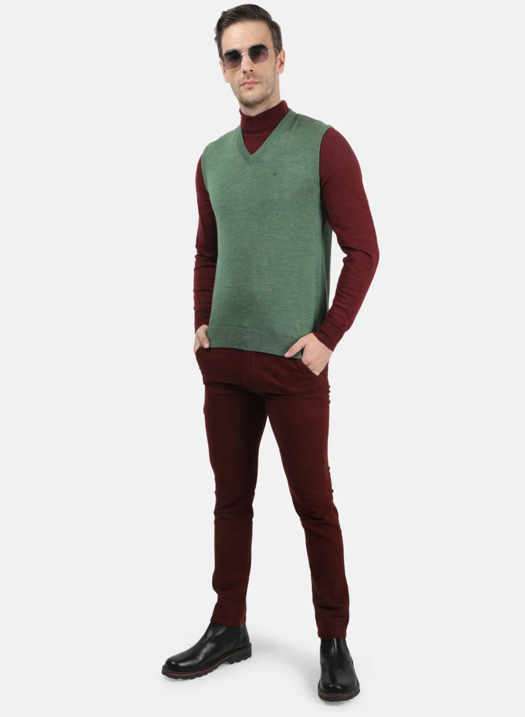 Men Green Melange Solid Sweater