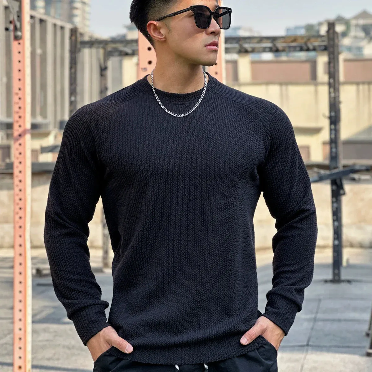 Mens Knit Sweater  Waffle Texture  Crew Neck  Long Sleeve  Ribbed Trim
