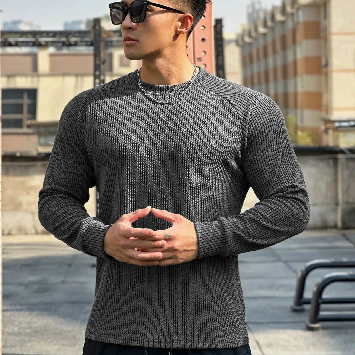 Mens Knit Sweater  Waffle Texture  Crew Neck  Long Sleeve  Ribbed Trim