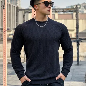 Mens Knit Sweater  Waffle Texture  Crew Neck  Long Sleeve  Ribbed Trim