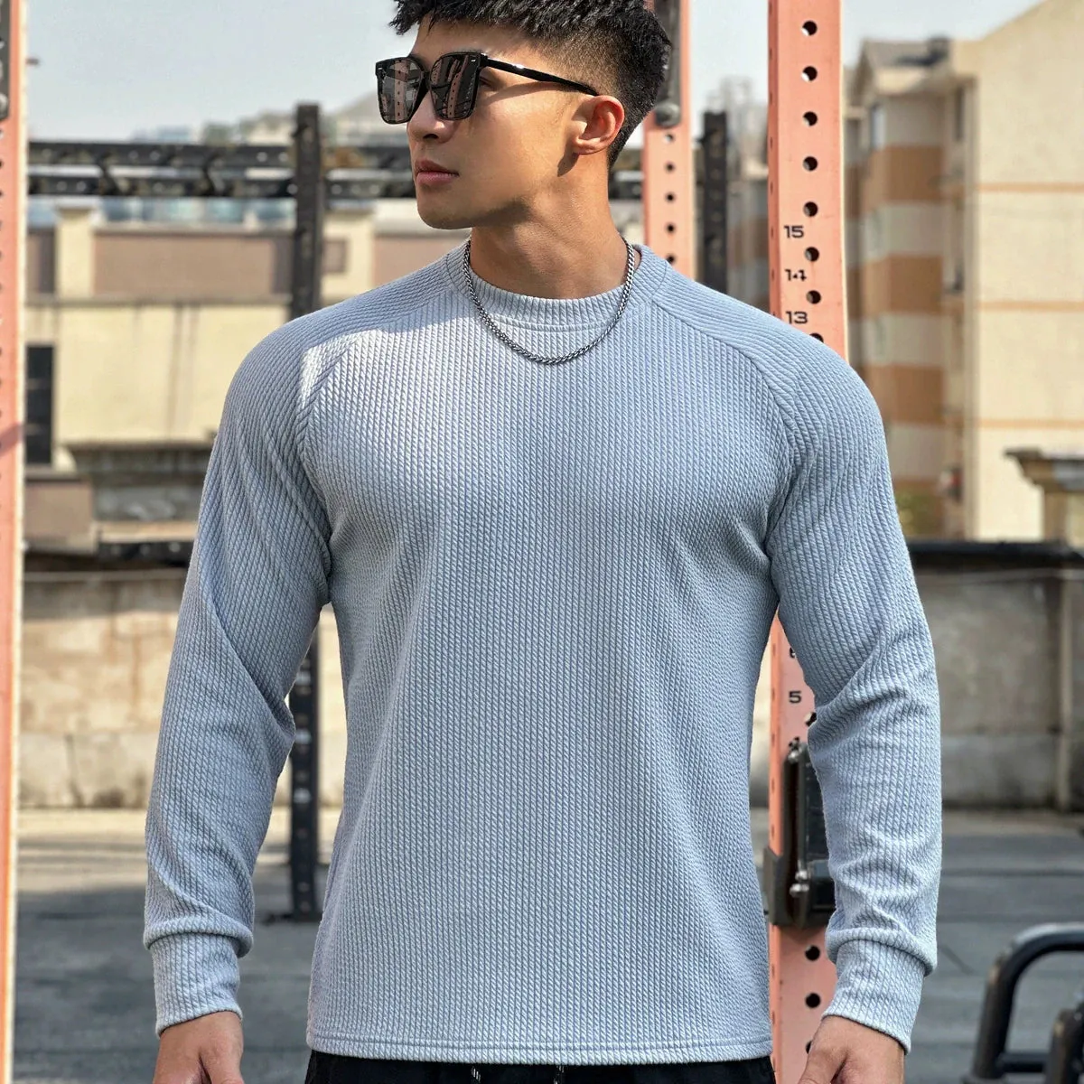 Mens Knit Sweater  Waffle Texture  Crew Neck  Long Sleeve  Ribbed Trim