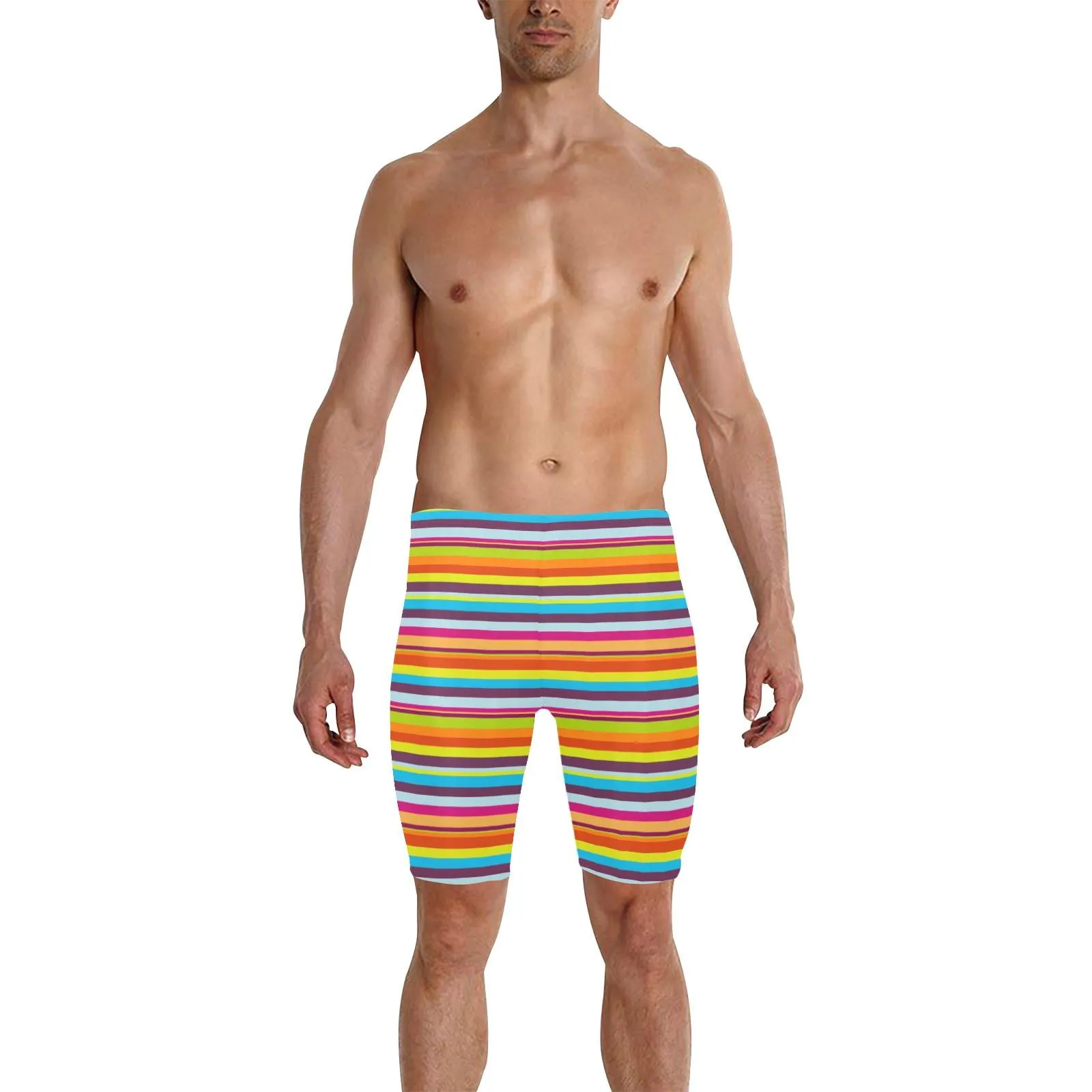 Men's Rainbow Stripe Knee Length Swim Shorts - Comfortable Fit