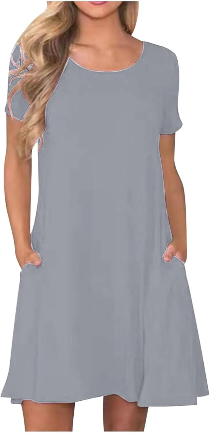 Midi Dresses for Women 2025 Casual Short Sleeve Dress Crew Neck Loose Dresses Flowy Swing Tunic Dress with Pockets