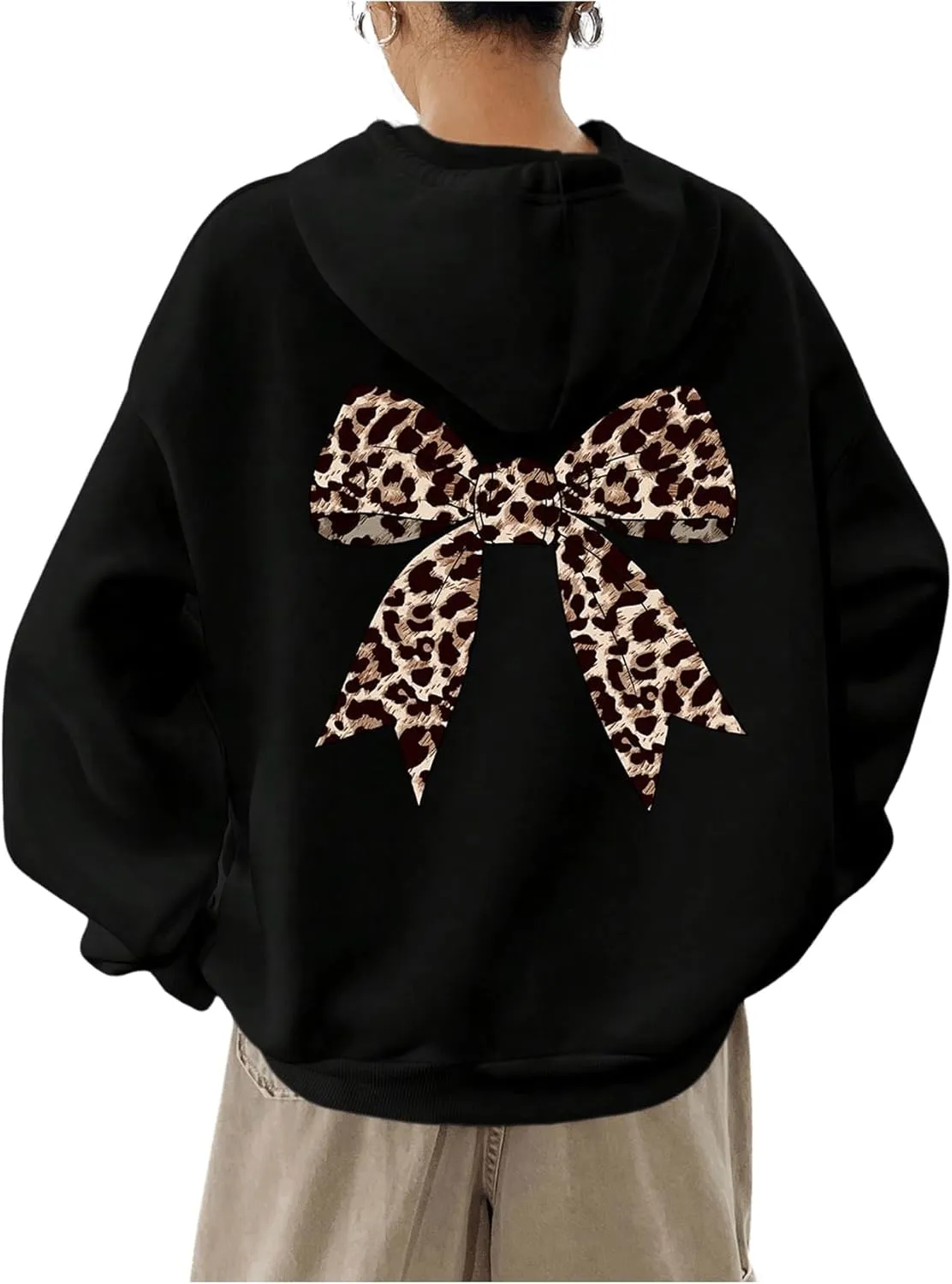 Milumia Women's Leopard Bow Print Drawstring Hoodies Long Sleeve Oversized Sweatshirt