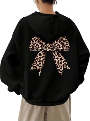 Milumia Women's Leopard Bow Print Drawstring Hoodies Long Sleeve Oversized Sweatshirt