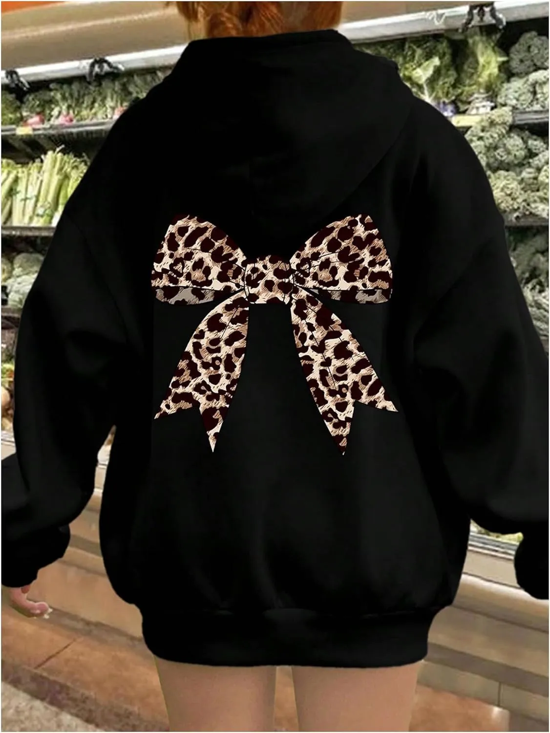 Milumia Women's Leopard Bow Print Drawstring Hoodies Long Sleeve Oversized Sweatshirt