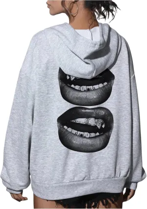 Milumia Women's Lip Print Hooded Sweatshirts Drawstring Long Sleeve Oversized Hoodies