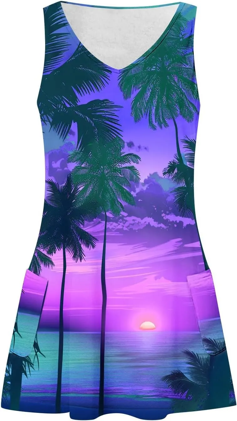 Mzkdieey Summer Dresses for Women Sunset Beach Palm Tree Print Tropical Hawaiian Dresses Casual Pockets Boho Tank Sundress