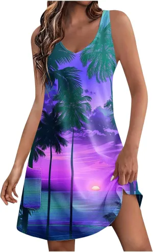 Mzkdieey Summer Dresses for Women Sunset Beach Palm Tree Print Tropical Hawaiian Dresses Casual Pockets Boho Tank Sundress